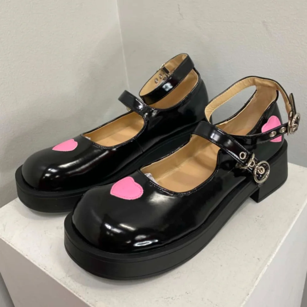 Black Mary Jane Shoes with Pink Hearts